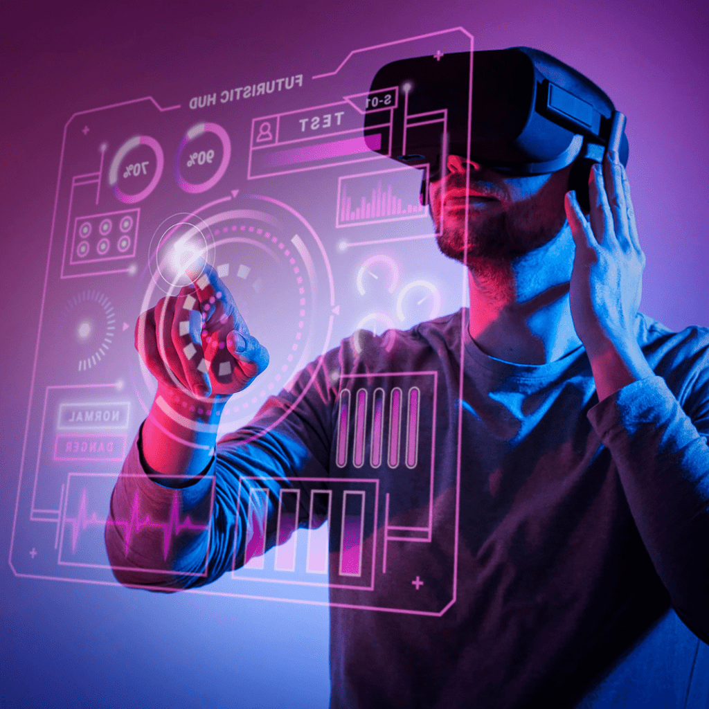 A person experiencing a digitally transformed environment through a virtual reality headset, showcasing the immersive and innovative possibilities of AI-driven digital transformation.