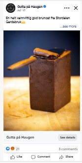 The brunost ad as it ran on Meta: one block of brown cheese on a dark ground, captioned with the farm it comes from