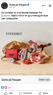 A Gutta på Haugen ad headed SPEKEMAT showing a board of cured meats and a whole ham, with an Order now button