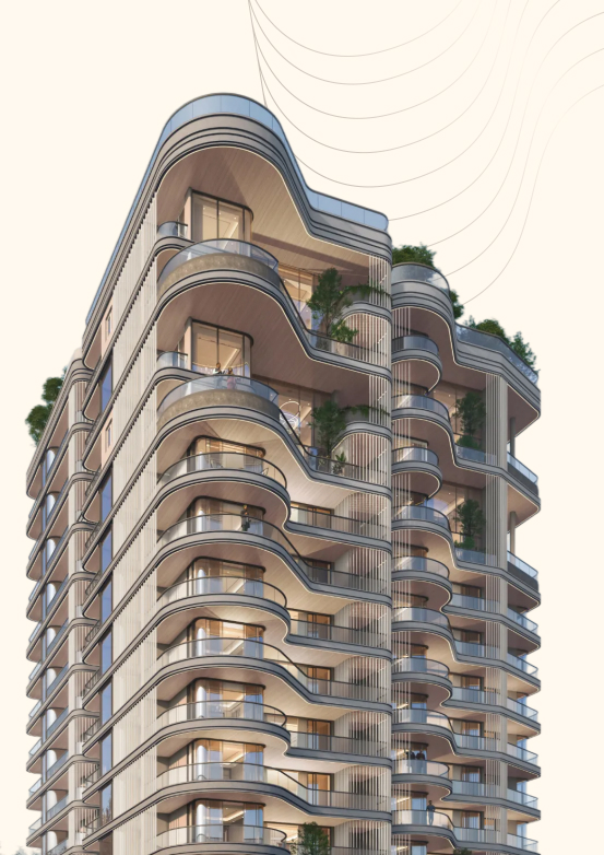 Models Oddavell tower render, the balcony curves running the full height