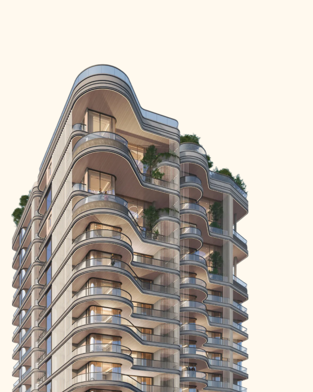 Close crop on the curved balcony profiles at Models Oddavell