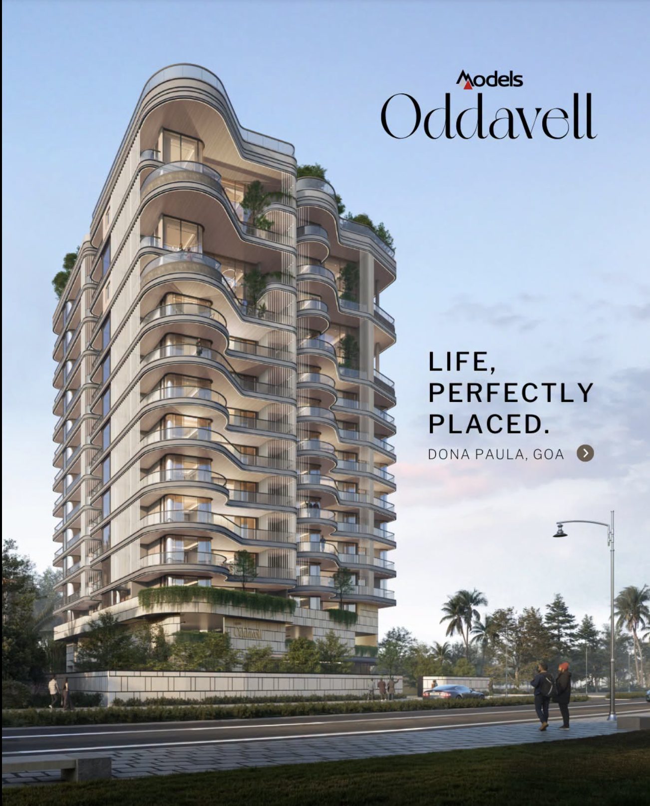 Post 2, slide 1 — Life, Perfectly Placed. Exterior render with the Dona Paula, Goa locator.