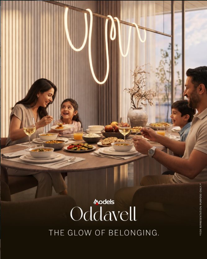Post 3 — The Glow of Belonging. A family at a dining table under a looped pendant light.