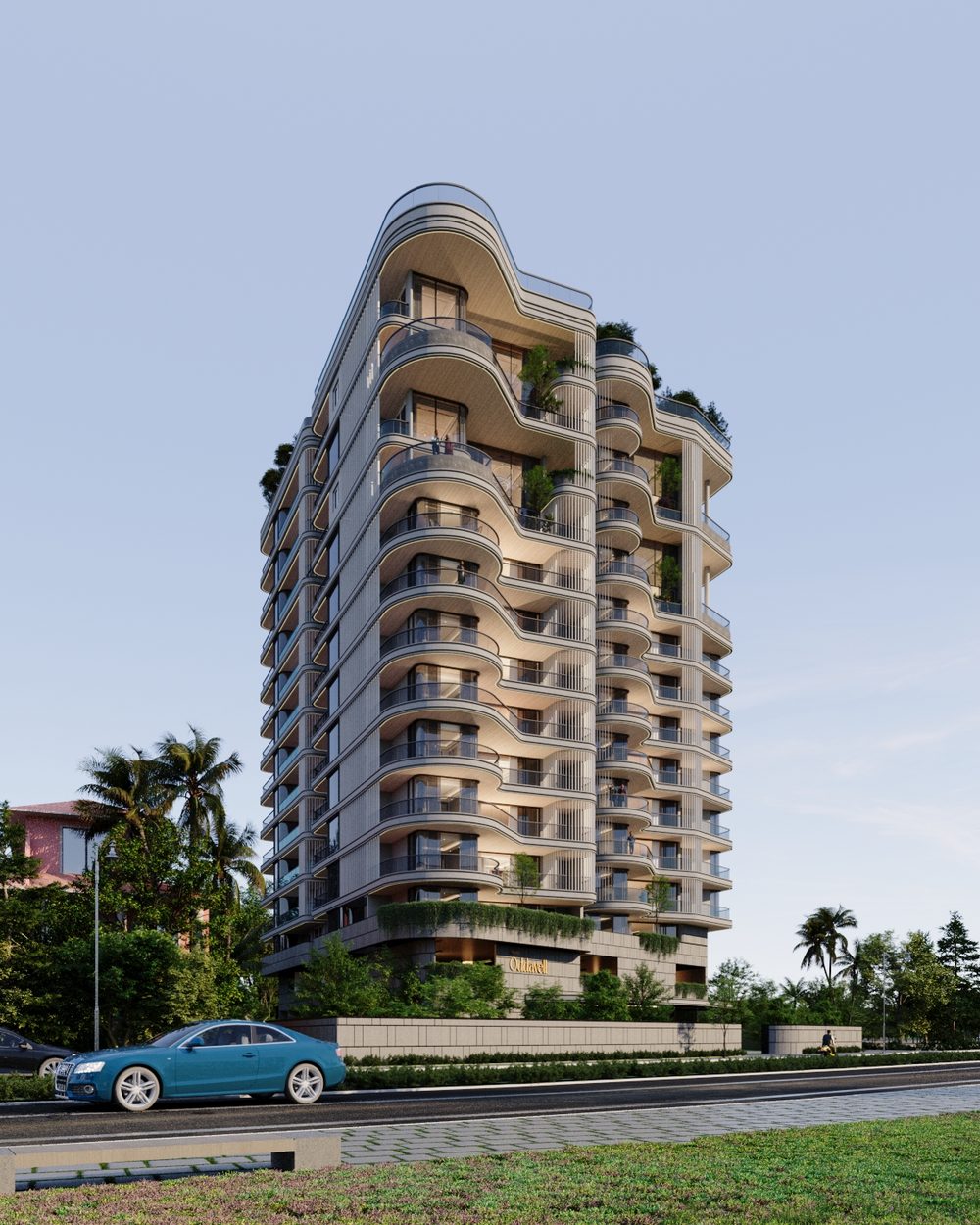 Models Oddavell seen from the street: a slender tower whose balconies curve and flow up the full height of the facade